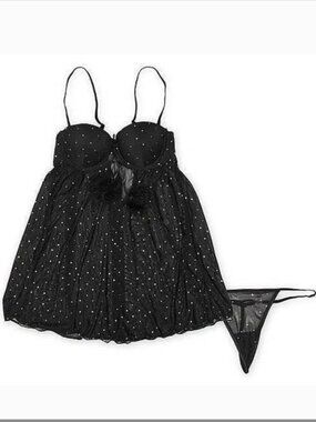 Passion Forever Sexy Chemise & Thong Womens S Black Sequin Lingerie Babydoll Set
